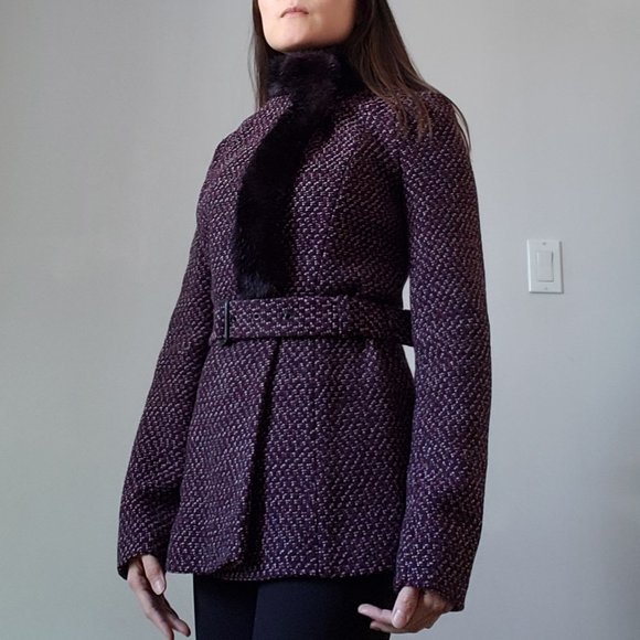 French Connection Wool Jacket, Genuine Fur Trim - Picture 2 of 8